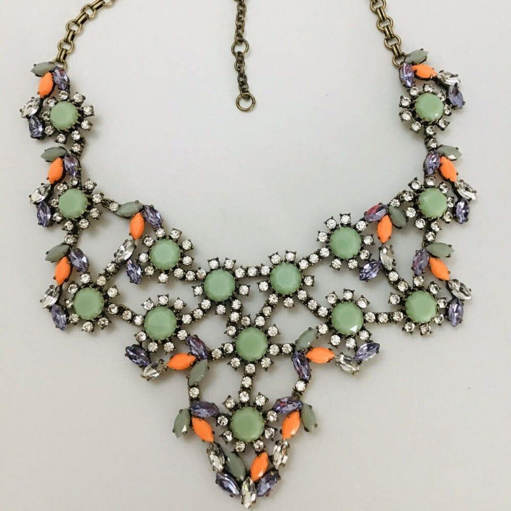 🔥JCrew CrystalClearGreenOrangePurple Gem Necklace